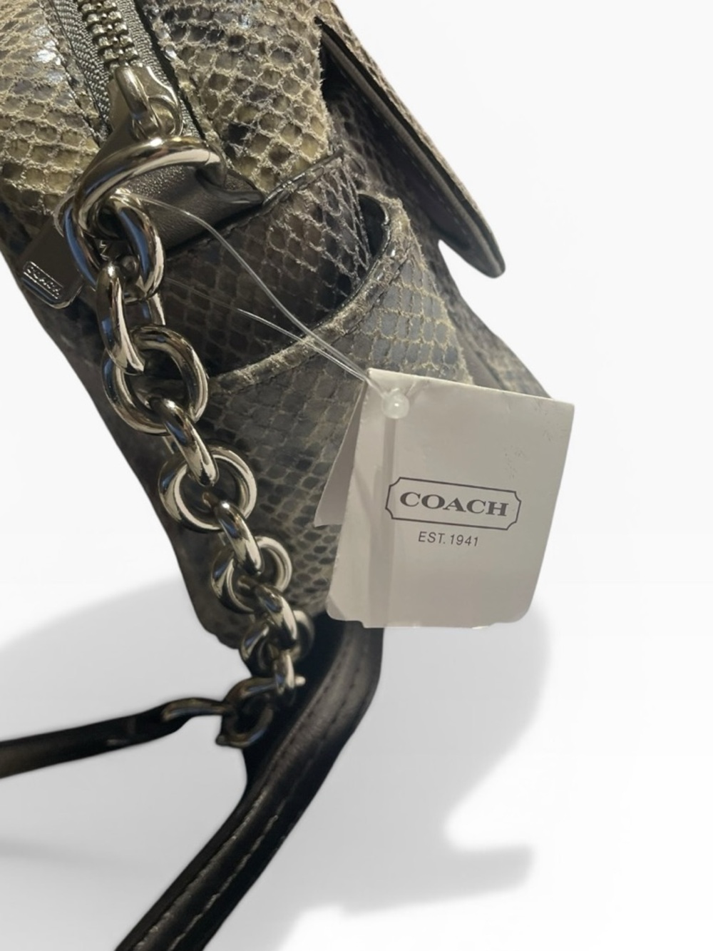 Coach Snakeskin Embossed Leather Shoulder Bag Chain Strap Y2K Mini Flap Grey - Picture 15 of 16